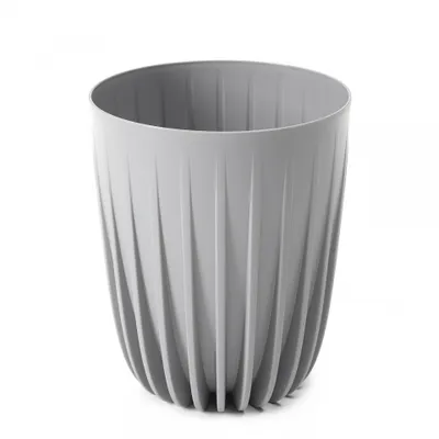 A gray plastic plant pot with a ribbed texture, shown against a white background.