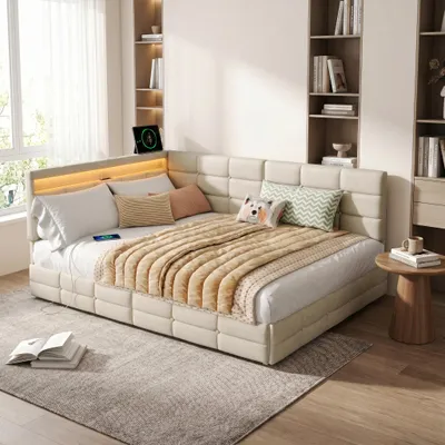 Obrázek produktu pro Postel INONEFT, čalouněná, rozměry 140 × 200 cm, dvoulůžko, postel pro dospělé s roštem a dvěma zásuvkami, dětská postel s LED osvětlením a USB porty, materiál: len, barva: béžová