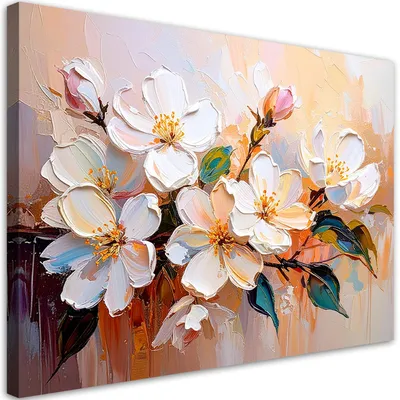 Immagine prodotto di Quadro su tela, Fiori bianchi dipinti in beige - 60x40