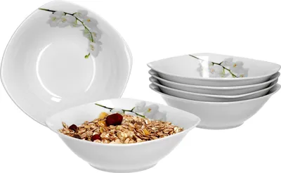 Produktbild von Van Well Vanda weiße Orchidee 6er Set Müslischale, Suppenschale, kleine Schale, Ø 14,3 cm, 300 ml, Blumendekor, edles Marken-Porzellan