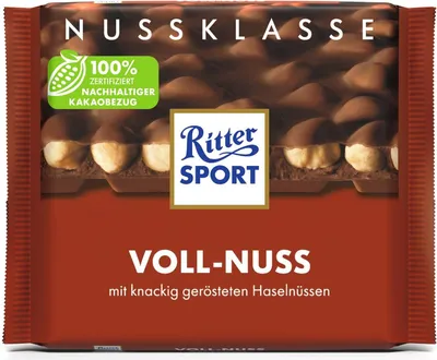Produktbild von Ritter Sport Vollnuss 100 g, Milchschokolade, 100 g, Haselnuss, 2394 kJ, 575 kcal, 39 g