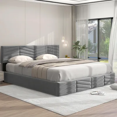 Image de OKWISH Lit coffre 180x200 - Lit Double Capitonné avec Tête de Lit Réglable - Velours - Sans Matelas - Gris