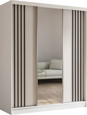 Produktbild von Masseno Schiebetürenschrank NELVIA 180 cm Kleiderschrank Schlafzimmer Schrank 3-türig mit Spiegel und Lamellen Weiß