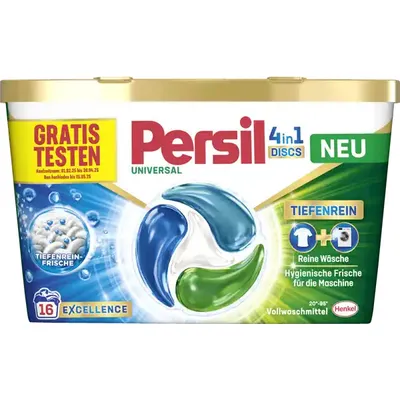 A product shot of a container of Persil 4in1 Discs Universal laundry detergent.