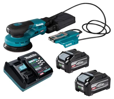 Imagen del producto de Lijadora excéntrica a batería Makita BO 003 CGU201, 40 V máx., 125 mm, carrera de 3,0 mm, sin escobillas + 2 baterías de 4,0 Ah + cargador