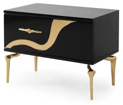 Immagine prodotto di Comodino nero in legno con dettagli dorati, ideale per una camera da letto moderna e