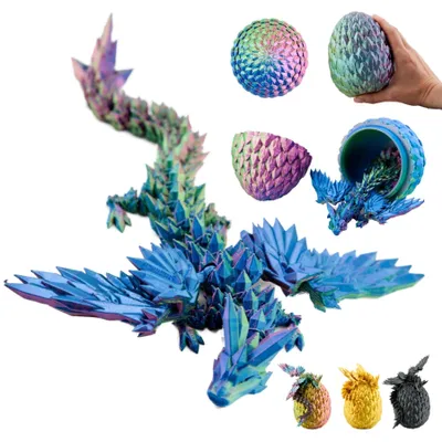 Zdjęcie produktu dla Smok w jajku ze skrzydłami 3D 20 cm, ruchoma figurka smoka, jajo 10 cm – Niebiesko-zielono-fioletowy