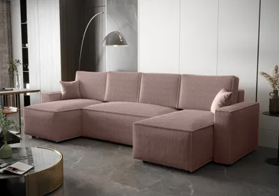 A modern living room with a large U-shaped sofa.