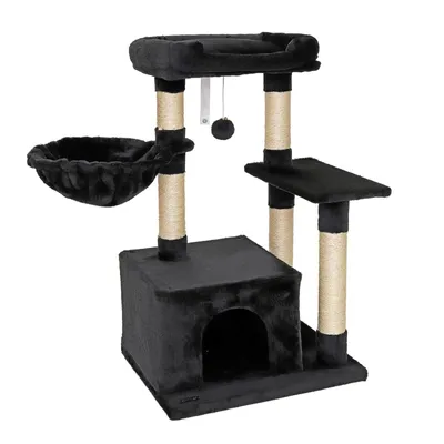 A black cat tree with multiple levels and scratching posts.
