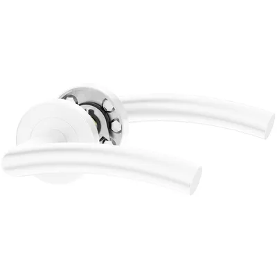 A white door handle set with visible internal mechanism.