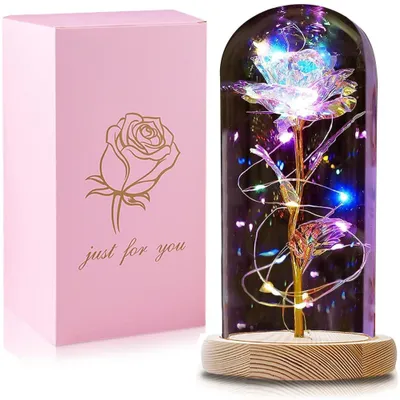 Produktbild von Ewige Rose im Glas, Die Schöne und das Biest Rose in Glaskuppel mit LED-Lichter Künstliche Blumen Rose, Geschenke für Geburtstag Mama Freundin Weihnachten Muttertag