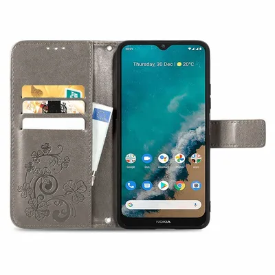 A grey flip case for a smartphone, open to reveal the phone and card slots.
