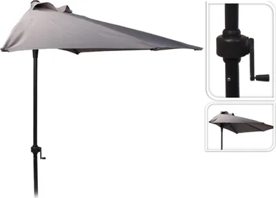 A half-round patio umbrella with a gray canopy and a black pole, shown against a white background. Inset images show a close-up of the crank mechanism and a smaller view of the umbrella.