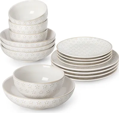 Image de Service de table en faïence, 16 pièces, service combiné avec assiettes plates, assiettes à gâteaux, assiettes à soupe et bols pour 4 personnes, motifs floraux