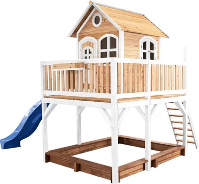 Produktbild von AXI Spielhaus Liam mit Sandkasten & blauer Rutsche | Stelzenhaus XXL in Braun & Weiß aus  Holz für Kinder | Spielturm mit Wellenrutsche für den Garten