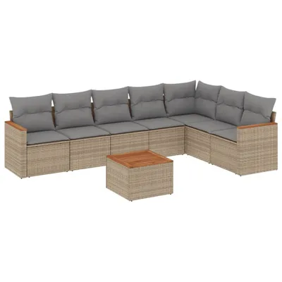 Produktbild von Modulares 8-tlg. Garten-Lounge-Set, Poly Rattan Beige, mit Stauraum, wasserabweisendem Beutel, Akazienholz-Tischplatte, Hellgraue Kissen