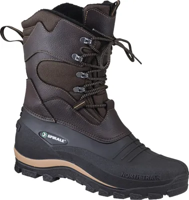 A single brown winter boot is shown against a white background.