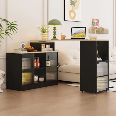 Produktbild von MODFU Ausziehbarer Bartisch mit Stauraum, Beweglicher Bar Table, Stehtisch Bistrotisch Hochtisch Kücheninsel Küchentisch klein Hausbar, Drehung ohne Heben,Schwarz