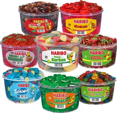 Produktbild von Haribo - 8 DOSEN Set - Happy Cola, Kirsch Cola, Riesen Erdbeeren, Saure Gurken, Happy Cherries, die Schlümpfe, Frösche Quaxi, Bärchen Pärchen
