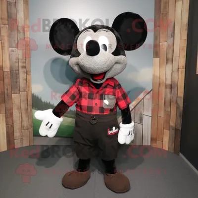 Produktbild von Maskottchen REDBROKOLY kostüm der schwarzen Maus bekleidet mit einem Flanellhemd und Krawatten