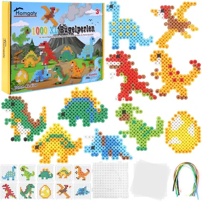 Productafbeelding van Grote set van 1000 strikparels met dinosaurusmotieven. Inclusief XL steekparels, platen met 10 verschillende patronen en strikpapier. 10 kleurrijke kleuren. Creatieve parelset met dinosaurusmotieven