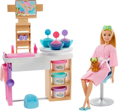 Produktbild von Barbie Wellness Gesichtsmasken Spielset mit Puppe (blond) mit Knete, Anziehpuppe