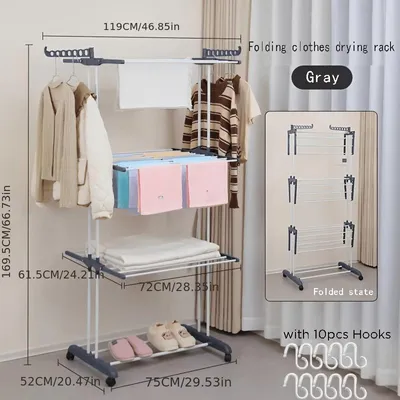 Zdjęcie produktu dla Suszarka do bielizny 4-poziomowa ze stali nierdzewnej, składana, z 10 haczykami na wieszaki do ubrań i pościeli, kolor szary, kółka nieskładane