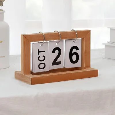 Immagine prodotto di Calendario perpetuo in legno, calendario a ribalta per scrivania, decorazione, 20 x 9 x 12 cm, colore giallo