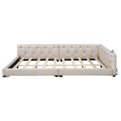 Produktbild von Flieks Tagesbett Daybed Schlafsofa 140x200cm mit USB & Type-c, Polsterbett Doppelbett mit LED, Sofabett Jugendbett mit Rückenklehne, Leinen, Beige
