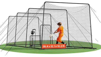 Produktbild von VEVOR Baseball-Schlagkäfig, 6060 x 3660 x 2500mm freistehender tragbarer Schlagkäfig, Schlagkäfige mit 30-lagigem geknotetem HDPE und Öffnung für Wurfmaschine, Schlagkäfig-Netz für drinnen und draußen, Trapezförmig