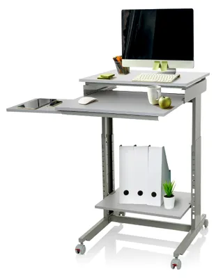 Produktbild von Schreibtisch Workstation Grau Stehpult Home-Office, höhenverstellbar mit Rollen, Tastaturauszug