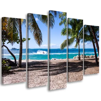 Produktbild von 5-teiliges leinwandbild tropischer strand 200x100 cm Feeby blau wandbild bereit zum aufhängen