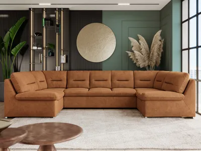 Produktbild von Sofa XXL U-Form Beige, Wohnlandschaft U Form mit Schlaffunktion, Sofa mit Schlaffunktion, Schlafsofa, Wohnzimmer Couch mit schlaffunktion - Comodo U - Orange Stukture