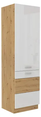 Produktbild von Küchen Hochschrank 60 cm Eiche Artisan + Weiss Hochglanz Küchenzeile Küchenblock