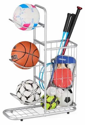 Produktbild von Relaxdays Ballständer, 3 abnehmbare Ballhalterungen, für Basketball, Fußball, Sportgeräteregal mit Korb, Metall, silber