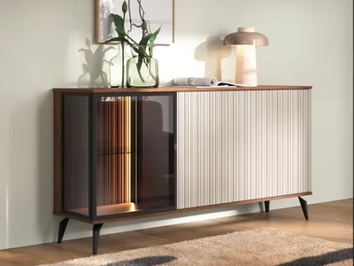 A modern sideboard with glass doors and a textured front panel, displayed in a well-lit room.