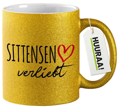 Produktbild von Huuraa Glitzertasse Sittensen verliebt 330ml Gold Keramik Kaffeebecher Geschenkidee