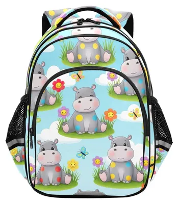 Imagen del producto de Mochila gris con diseño de hipopótamo, ideal para niños