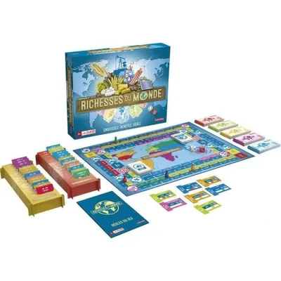 A board game set, including the box, game board, and various game pieces, laid out on a white surface.