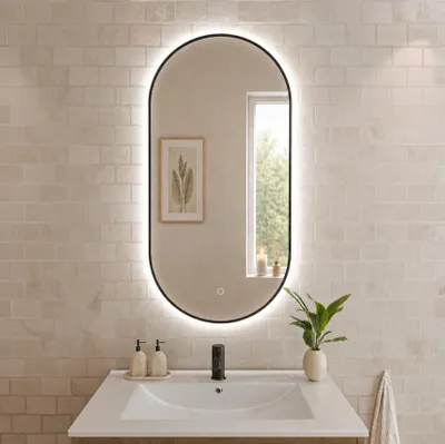 Produktbild von LOMAZOO Schwenkbarer ovaler Badezimmerspiegel Tanger mit LED-Beleuchtung 100 × 50 cm Schwarz