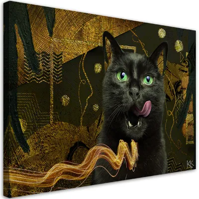 Produktbild von Leinwandbild Schwarze Katze golden Abstraktion 60x40 Feeby Gold bild für die wand bereit zum aufhängen