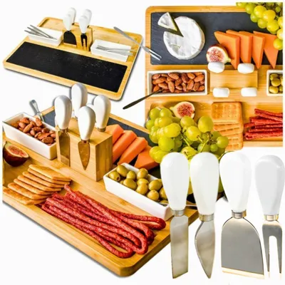 Produktbild von Bambusbrett für Aufschnitt, Käse und Snacks + Messer- und Gabelset als Geschenk