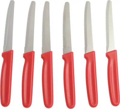 Produktbild von 6 Stück Rot Tafelmesser, Küchenmesser Brötchenmesser Scharfe Klinge Frühstücksmesser Brotmesser mit Wellenschliff, 21.5 cm Rostfreier Stahl Messer, Steakmesser