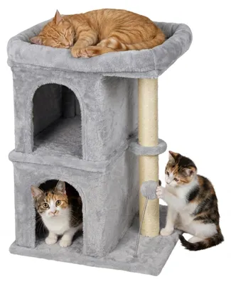 Image de Arbre à gratter Relaxdays, avec 2 cachettes et jouets, en sisal, avec surface de repos, cachette pour chat, dimensions (H x L x P) : 71 x 46 x 40 cm, doux, gris clair