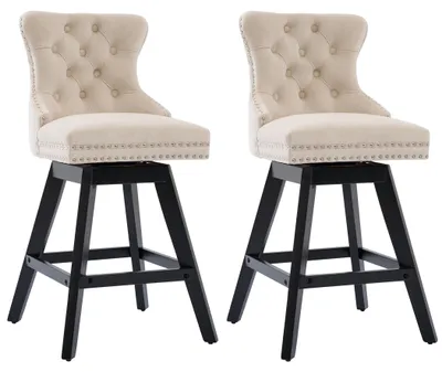 Produktbild von 2er-Set drehbare Samt-Barhocker mit Knopfheftung und Fußstütze, Beige