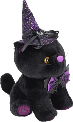 Image de Poupée chat d'Halloween, adorable peluche de collection décorative avec chapeau pour festival, fête, maison, noir et violet