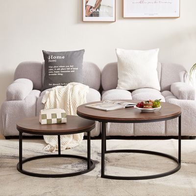 H.J WeDoo Couchtisch 2er Set mit Metallgestell Rund Kaffeetisch Wohnzimmertisch Kaffeetisch Sofatisch Braun 80 x 45 cm (Ø x H)