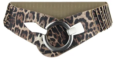 Produktbild von Elastischer Damen Taillengürtel, ca. 6 cm breiter Hüftgürtel mit silberner Ring-Schließe, Stretchgürtel, Leopard, Größe 75