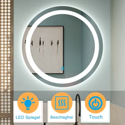 Produktbild von LED Badspiegel Rund 60cm mit Beleuchtung Badezimmerspiegel Kaltweiß Lichtspiegel mit Touchschalter IP44 Beschlagfrei Energiesparend Hessen-Serie