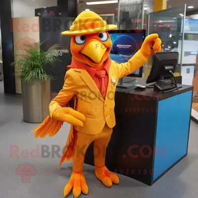 Produktbild von Maskottchen REDBROKOLY Kostümfigur mit orangefarbenem Papagei bekleidet mit Anzug und Geldbörsen